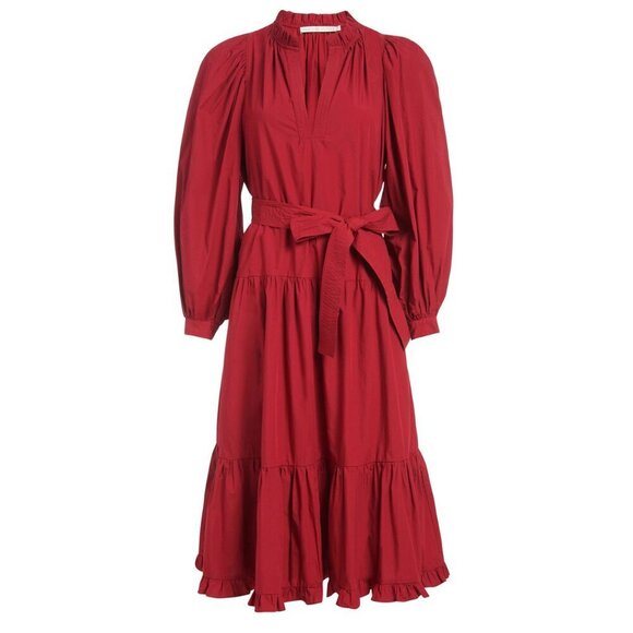 Marie Oliver Mariah Red Cotton Tiered Maxi Dress XS Belted